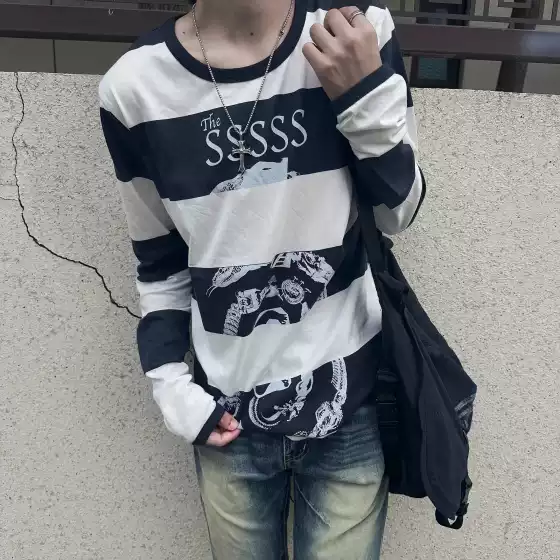 『Same-Day Shipping』Undercover 06Sst Archive Black and White Striped Patchwork Long-Sleeve