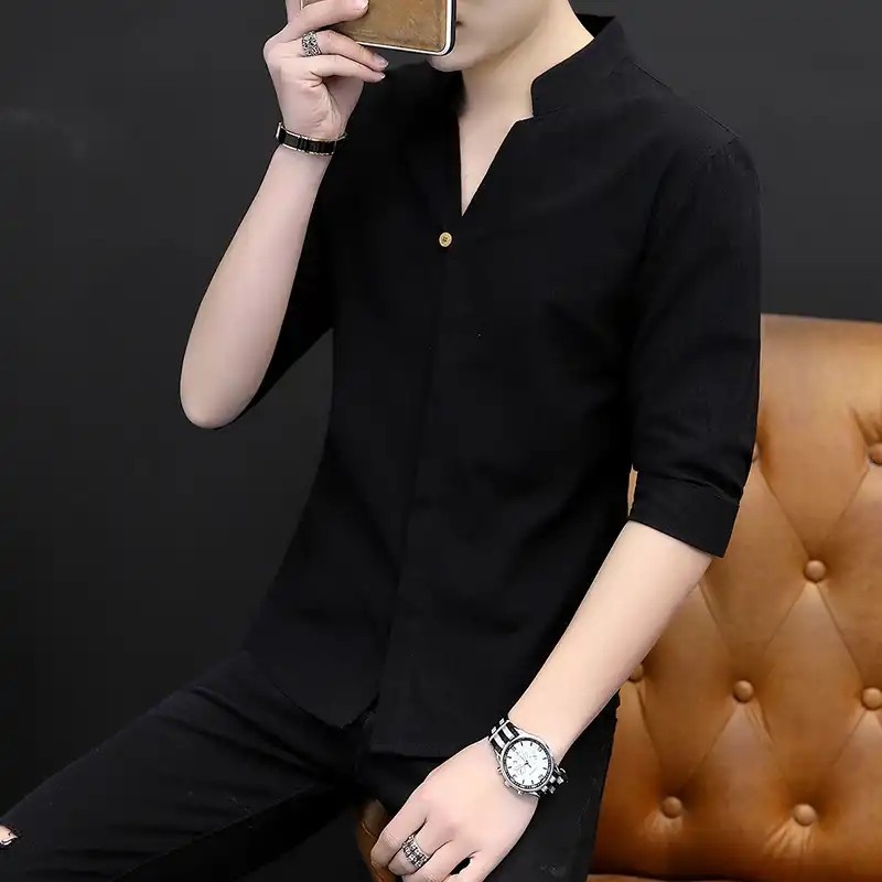 丽菲服饰精品男装夏季男士中国风复古唐装立领七分袖寸衫.