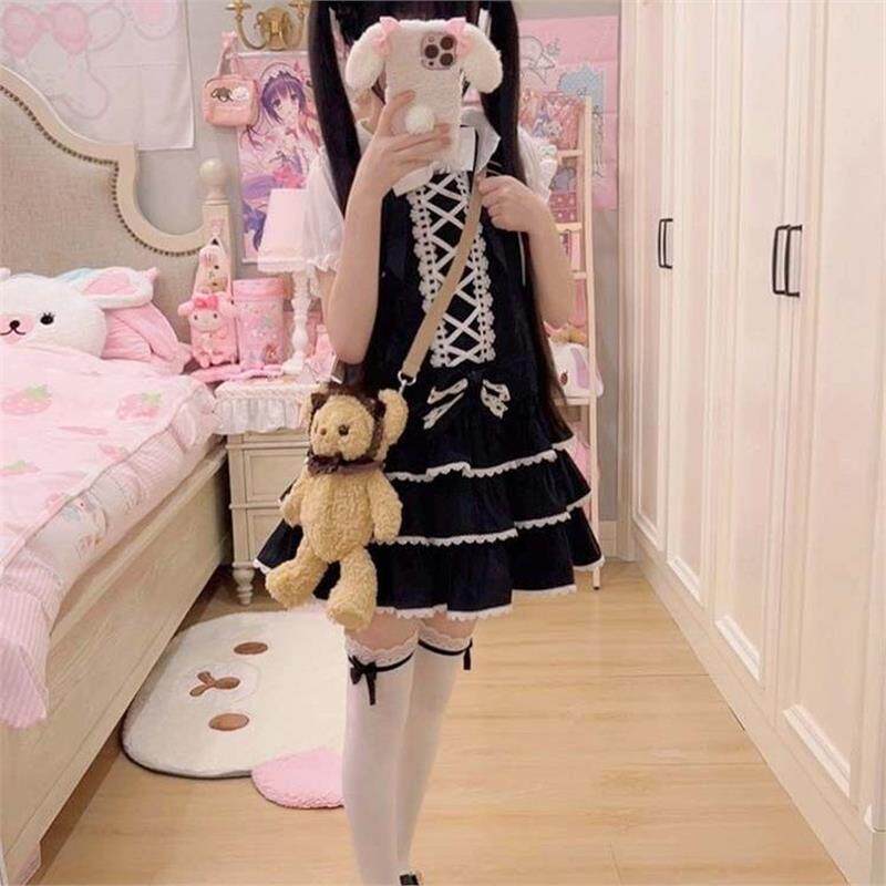 古早昭和熊之原创lolita蛋糕三层裙摆背带裙衬衫套装千层蛋糕裙