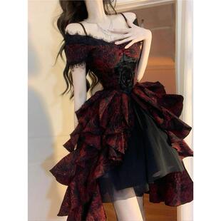 黑魔女 夏装新款暗黑哥特重工黑红一字肩宫廷连衣裙lolita公主裙