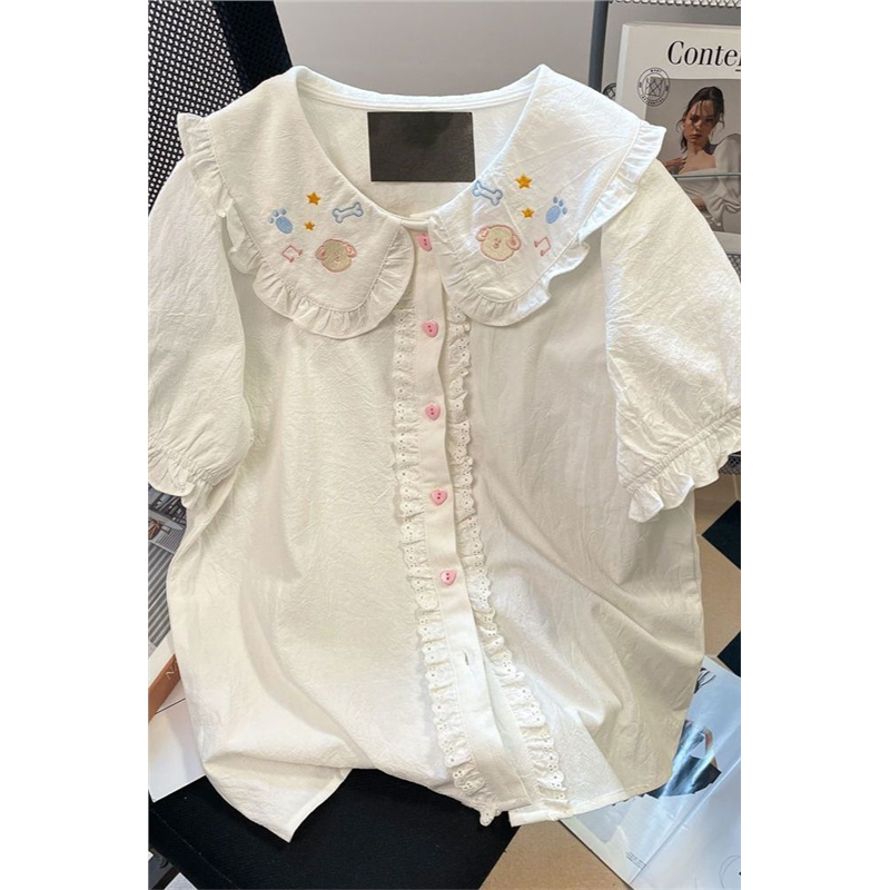 日系学院可爱甜美娃娃领短袖衬衫女夏季卡通小狗刺绣荷叶花边上衣