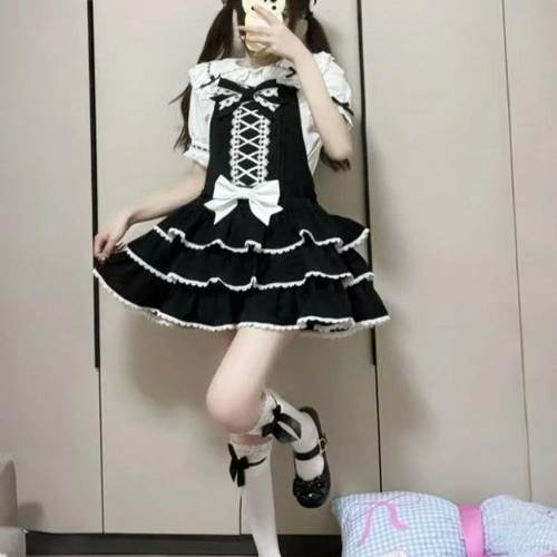 可爱少女萌衬衣lolita古早昭和蛋糕三层裙摆背带裙衬衫洛丽塔内搭