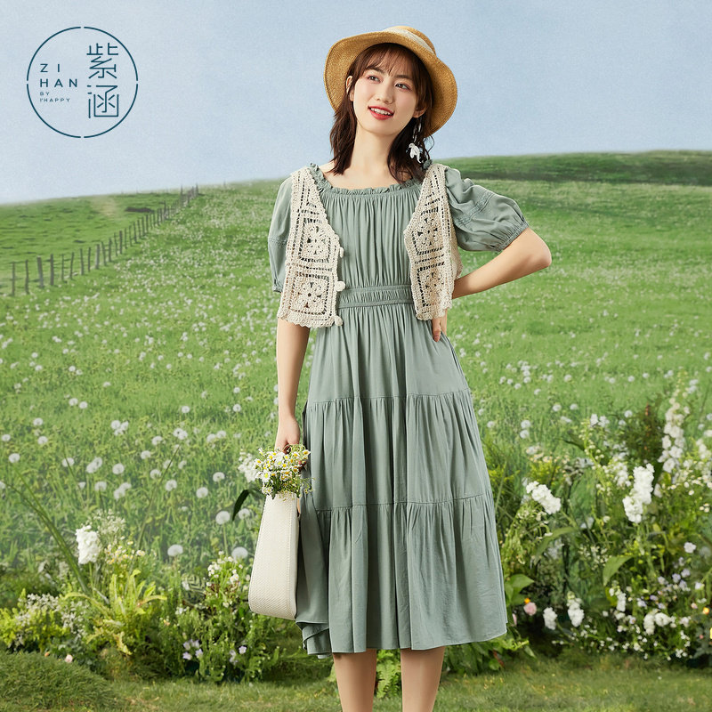 紫涵森系连衣裙套装夏季新款时尚拼接花边裙子勾花马甲两件套散摆怎么看?