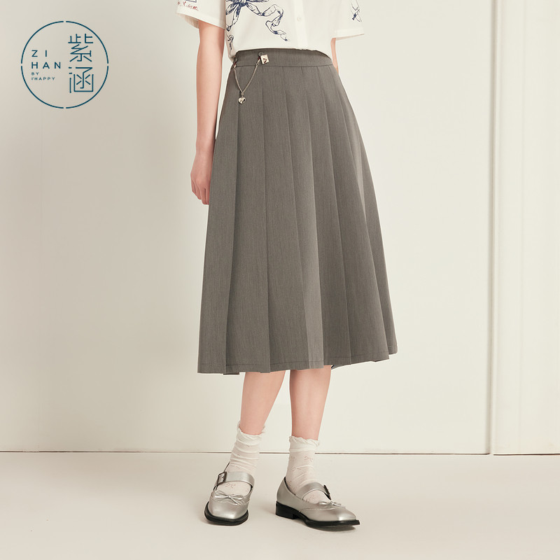 紫涵百搭挂链百褶半身裙女夏季新款学院风灰色廓形高腰显瘦a字裙