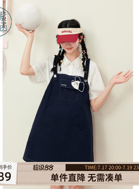 紫涵假两件衬衫拼接藏青背带裙女士夏季新款学院风减龄短袖a字裙