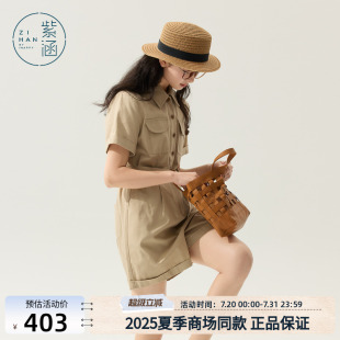 一體褲 紫涵工裝 日系寬松卷邊短袖 新款 風(fēng)牛仔連體短褲 女2025年夏季