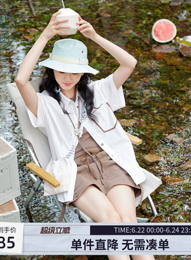 紫涵竖条纹短袖衬衫女士夏季新款美式户外风休闲百搭宽松白色上衣