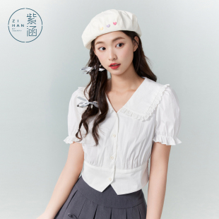 泡泡袖 紫涵花边娃娃领衬衫 森系甜美风休闲减龄短款 女夏季 衬衣 新款