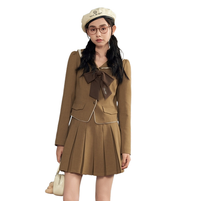 紫涵学院风双层翻领蝴蝶结上衣短款百褶裙两件休闲套装女秋季新款