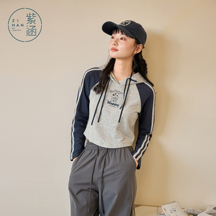 紫涵连帽撞色长袖短款T恤女春秋季新款小狗字母印花修身显瘦上衣