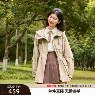 复古一手长牛筋收腰拉链外套 新款 紫涵抽绳连帽工装 风衣女2025秋季