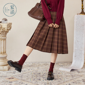 学院风休闲高腰显瘦A字半身裙子 新款 紫涵格纹中长款 百褶裙女秋季