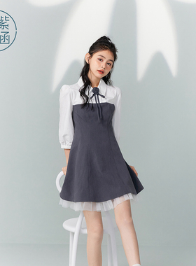 紫涵假两件衬衫领连衣裙女秋季新款收腰显瘦休闲七分袖网纱短裙子