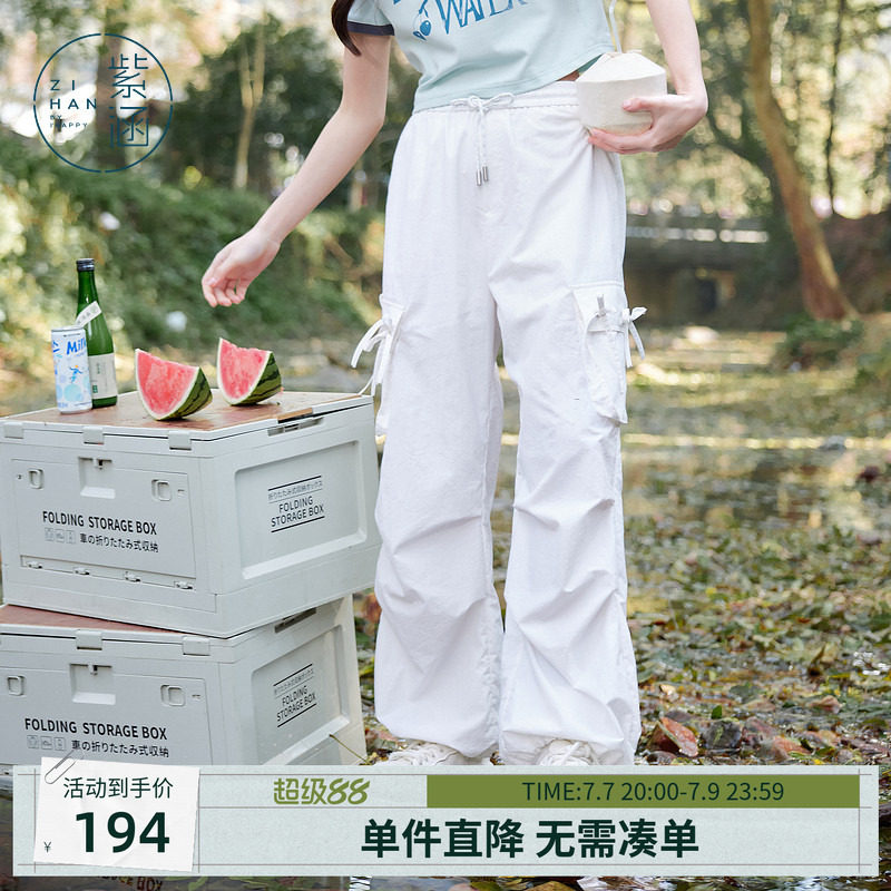 紫涵美式街头户外穿搭白色工装裤女士夏季新款蝴蝶结高腰直筒长裤