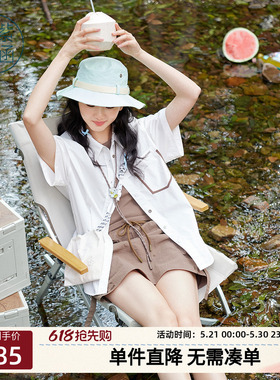紫涵竖条纹短袖衬衫女士夏季新款美式户外风休闲百搭宽松白色上衣