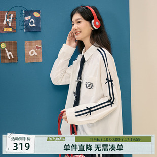 紫涵复古学院风领带装饰长袖衬衫女蝴蝶结设计感刺绣徽章春季衬衣