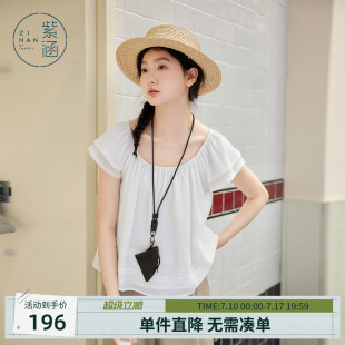 紫涵大圆领双层飞袖白色小衫女士夏季新款法式甜美轻薄蕾丝娃娃衫