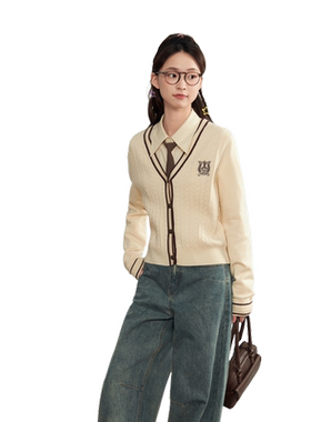 紫涵学院风V领针织开衫女秋季新款休闲修身显瘦单排扣毛衣外套潮