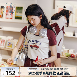 撞色插肩短袖 紫涵短款 美式 圆领卡通印花T恤女2025年夏季 上衣 新款
