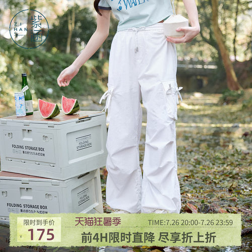 紫涵美式街头户外穿搭白色工装裤女士夏季新款蝴蝶结高腰直筒长裤