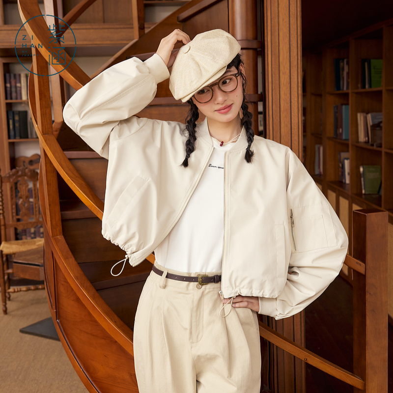 紫涵立领长袖棒球服短外套女秋季新款简约通勤休闲小个子夹克上衣