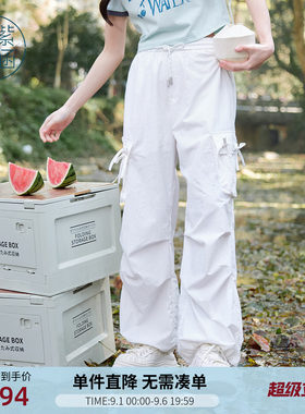 紫涵美式街头户外穿搭白色工装裤女士夏季新款蝴蝶结高腰直筒长裤