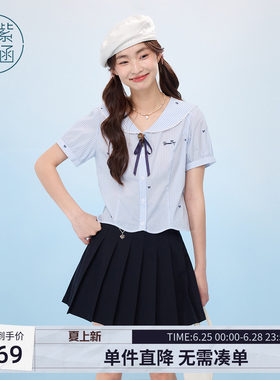 紫涵海军领刺绣短袖衬衫女夏季新款甜美学院风短款蓝条衬衣航海系