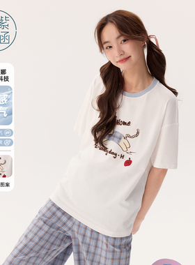 紫涵猫咪贴布圆领T恤2025年夏季新款宽松柔软透气家居服上衣睡衣