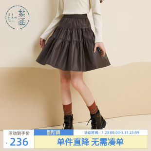 抽褶拼接松紧高腰半身裙 新款 紫涵短款 棕色复古PU皮裙女2025年冬季