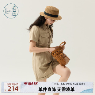 紫涵工装风卡其色牛仔连体短裤女夏季新款日系宽松卷边短袖一体裤