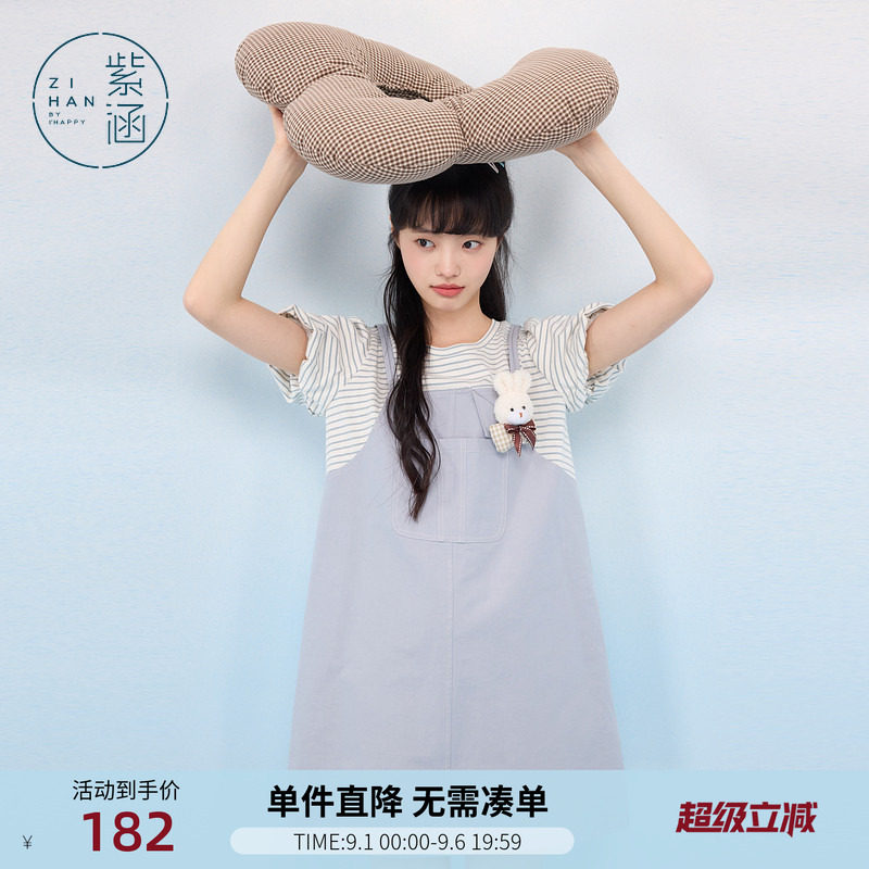 紫涵假两件蓝色圆领短袖连衣裙女士夏季新款撞色拼接宽松直筒短裙图片