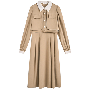 紫涵收腰风衣式连衣裙女冬季新款气质通勤风衬衫领长袖A字中长裙