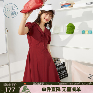 裙A字裙子短袖 紫涵泡泡袖 中长款 新款 显瘦长裙过膝潮 连衣裙女夏装