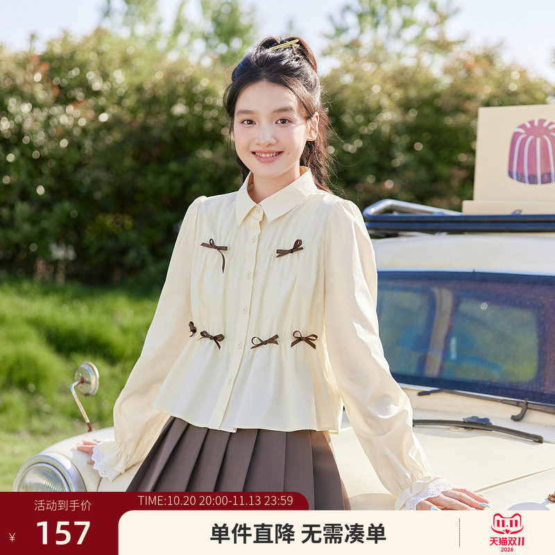 紫涵短款蝴蝶结抽褶长袖衬衫女秋季新款甜美黄色设计感休闲衬衣