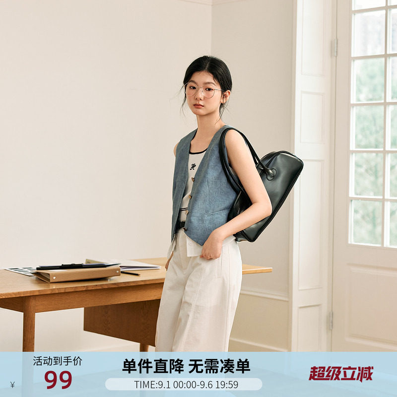 紫涵撞色拼接下摆马甲背心女女夏季新款复古简约通勤叠穿无袖上衣图片