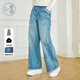 浅蓝100%纯棉宽松休闲裤 新款 子 女春秋季 紫涵蝴蝶结印花阔腿牛仔裤