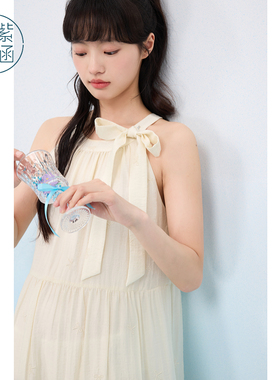 紫涵蓝色无袖挂脖蝴蝶结连衣裙女士夏季新款甜美度假宽松显瘦长裙