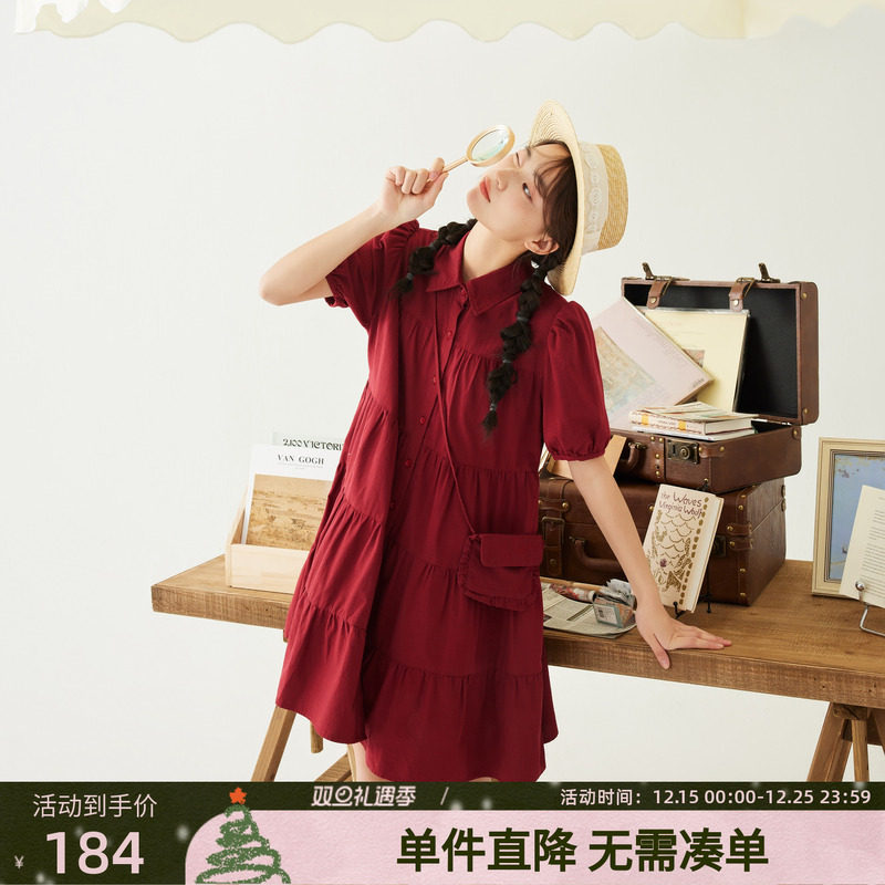 紫涵印花衬衫连衣裙女夏季新款文艺甜美森系短袖单排扣宽松A字裙