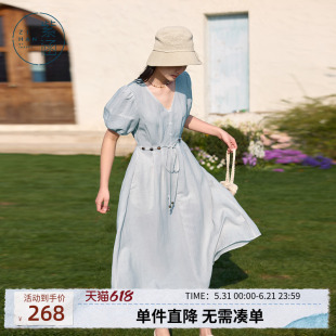 紫涵V领度假风连衣裙夏季新款浪漫波嬉风系绳收腰显瘦灯笼袖长裙