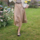 紫涵纯棉松紧高腰半身裙女春秋季 美拉德穿搭咖色A字中长裙子 新款