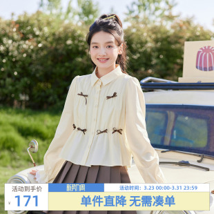 新款 紫涵短款 女秋季 衬衫 甜美黄色设计感休闲衬衣 蝴蝶结抽褶长袖