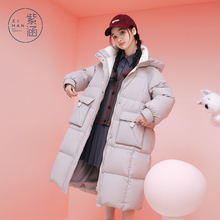 紫涵长款连帽羽绒服外套女冬季新款灰色过膝宽松保暖白鸭绒面包服