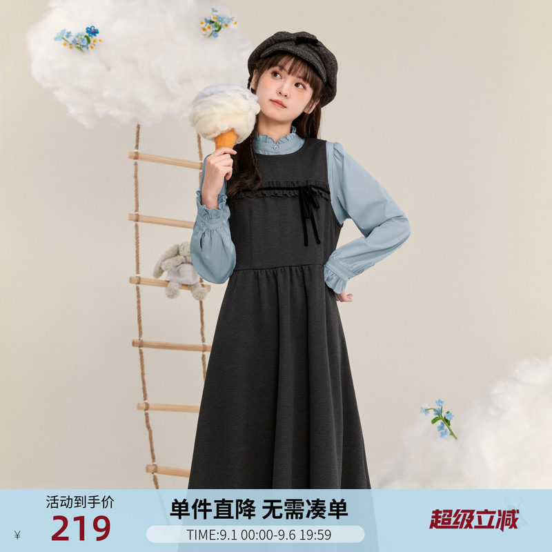 紫涵无袖背心连衣裙女冬季新款蝴蝶结甜美学院风叠穿中长款a字裙图片