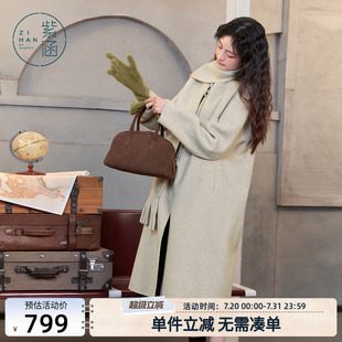 紫涵长款 气质宽松保暖过膝外套 圆领配围巾双面呢大衣女冬季 新款