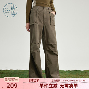 紫涵美式复古工装裤女春秋季新款户外街头高腰宽松显瘦直筒休闲裤