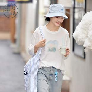 紫涵遮阳宽松长袖T恤女士夏季新款云朵印花蓝色慵懒遮肉休闲上衣