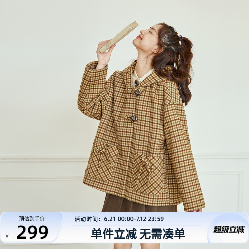紫涵咖色格纹连帽毛呢大衣女冬季新款学院风甜美小个子毛绒外套