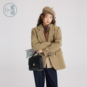 紫涵纯羊毛西装女2023冬季新款直版中长款基础百搭毛呢外套学院风