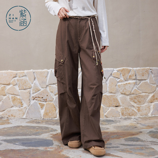 游牧风腰绳户外休闲裤 紫涵100%纯棉复古直筒工装 新款 女2026春季 裤