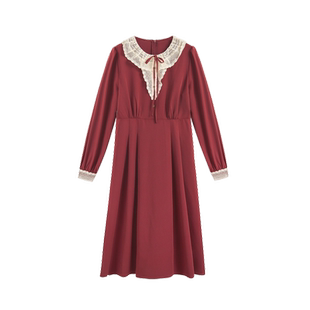 紫涵蕾丝花边圆领长袖连衣裙女秋季新款复古收腰显瘦A字中长裙子